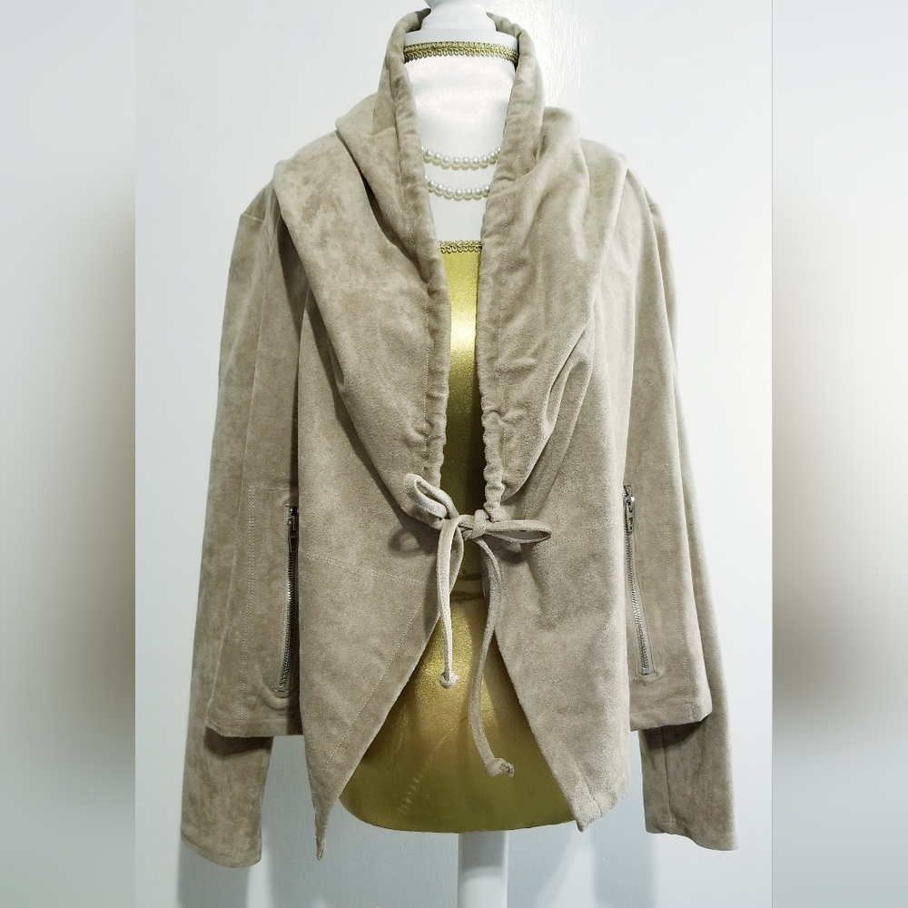 BLANK NYC Faux Suede Leather Caped Hood Drapey Cropped Jacket with Tie Front